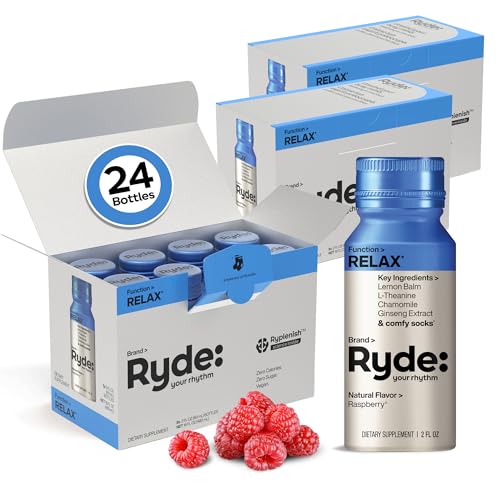 Image of Ryde: Relax Shot, Raspberry Flavor, Lemon Balm, L-Theanine, Ginseng & Chamomile, 0 Calories, 0 Sugar, 2 FL OZ Shots, Helps You Relax* (24 Pack)