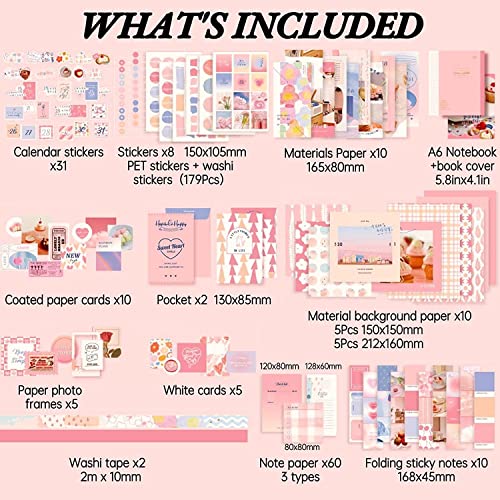 Image of MGNLR Paper Vintage Aesthetic Scrapbook Kit(346Pcs) Scrapbooking Supplies Kit with Bullet Junk Journal,Stationery,A6 Grid Notebook Journaling Gift for Girl (Pink Scrapbook)