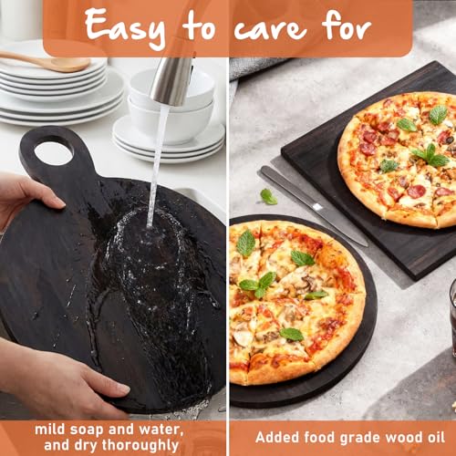 Image of 2 Pcs Acacia Wood Cutting Board with Handle 16'' Square and Round Charcuterie Chopping Board for Pizza Cheese Meat Decorative Black Wooden Serving Tray for Kitchen and Dining Room