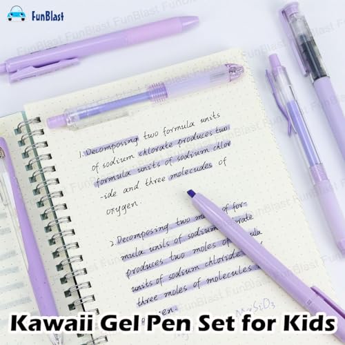 Image of FunBlast Gel Pens for Writing, 5 Pcs Gel Pen & 1 Pcs Highlighter Pen, with Comfortable Grip for Smooth Writing, Kawaii Pens, Stationery for School & Office (Blue Ink) (Purple)