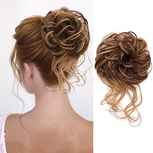 KETHBE Messy Bun Hair Piece Tousled Updo Hair Buns Extension Elastic Hair Band Hair Pieces Curly Hair Bun Scrunchie For Women (Dark Brown Mix Golden Brown)