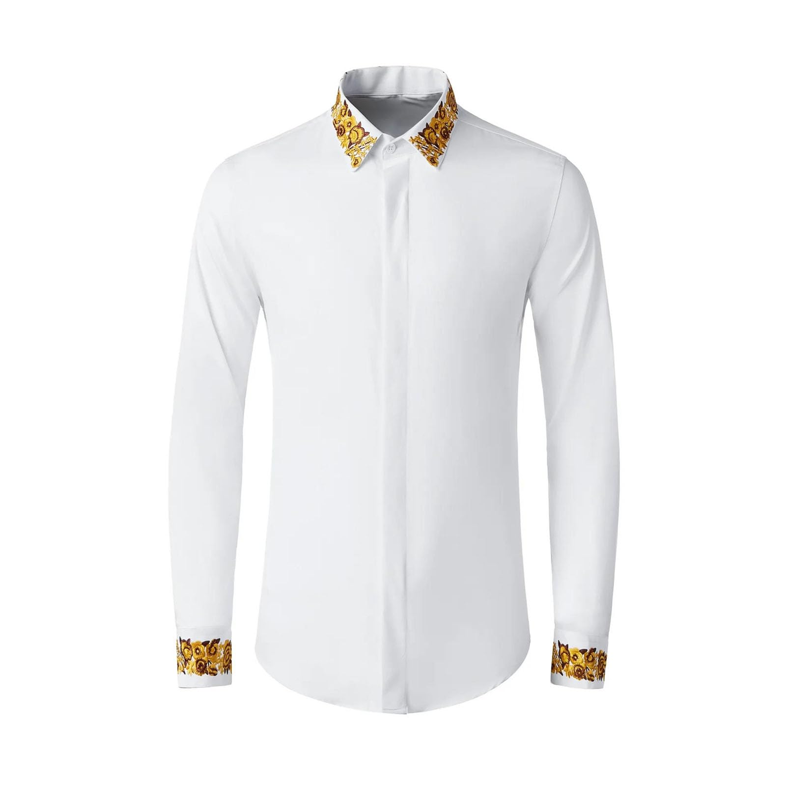 Mens Long Sleeve Flower Embroidery Shirt Spring Business Fashion Slim Fit Banquet Party Dress Top