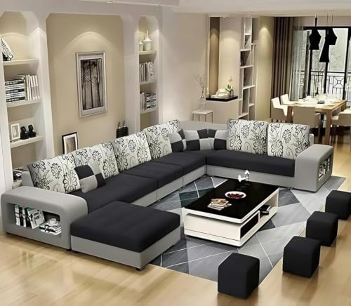Image of Allister 12 Seater Sofa Set for Living Room (Black-Grey) | Interchangeable U Shape Sectional Sofa | Solid Wood Frame & High-Density Supersoft Foam | Includes Puffy & Stool | Modern Home Furniture