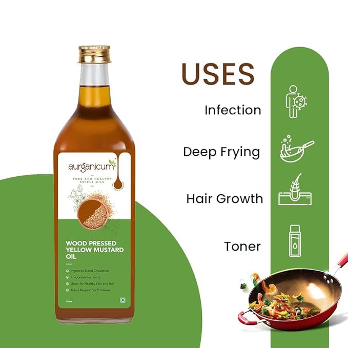 Image of 1L Wood Pressed Yellow Mustard Oil (Peeli Sarson Tel) - Cold Pressed Kachi Ghani Sarso Oil for Daily Cooking - Natural, Unrefined & Chemical Free - PET Bottle