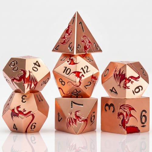 HNCCESG Metal Dragon Dice Set,7-Piece Zinc Alloy DND Dice,Ancient Red
