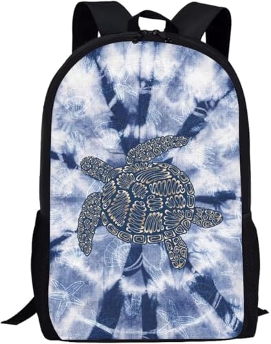 Travel Backpack Animal Print Sea Turtle, Indigo Blue Tie Dye, Outdoor Activities 17in Lightweight Casual Daypack for Business Men Women