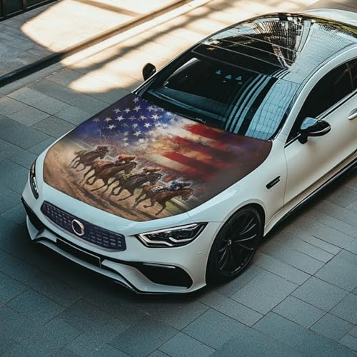 Image of 59x39 Inch Hood Cover for Compact Cars SUV Sedans Trucks, Waterproof American Flag Horse Stretchable Car Hood Wraps Auto Banner Auto Dcorative Accessories