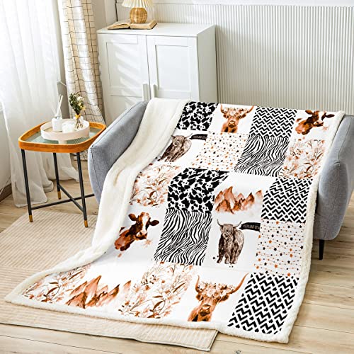 Loussiesd Highland Cow Throw Blanket for Bed Sofa Cow Geometric Fuzzy Blanket Floral Farmhorse Highland Cattleative Fleece Sherpa Blanket Leopard Plush Blanket Brown Single 50x60 Inch