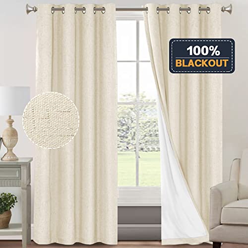 Image of PrinceDeco 100% Blackout Curtains 96 Inches Long 2 Panels Sets Linen Black Out Curtains for Bedroom Thermal Curtains Room Darkening with White Liner Backing for Nursery Decor,52X96 Inch,Bleached Sand