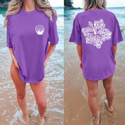 Image of Hawaiian T Shirts for Women Oversized Aesthetic Hibiscus Flower Beach Shirt Teens Preppy Tropical Graphic Tee Tops