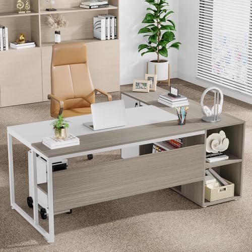 Image of Tribesigns 71 inch Executive Desk, L Shaped Desk with Cabinet Storage, Executive Office Desk with Shelves, Business Furniture Set Workstation for Home Office, Gray and White