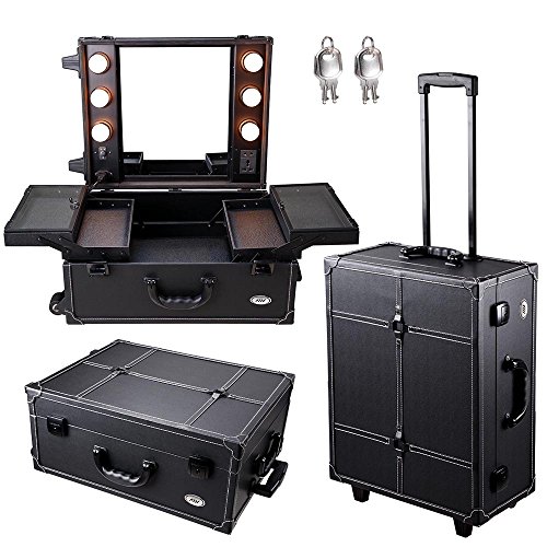 AW Black Rolling Makeup Case with Mirror Light Cosmetic Work Station Storage Luggage Travel Studio Extendable Tray Wheel