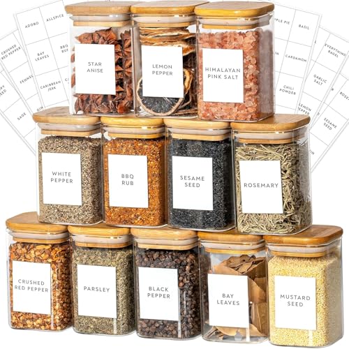 Image of VILON (270 ML 9oz 12-Piece Glass Spice Jars Set with Bamboo Lids & White Vinyl printed Labels - Square Spice Jars for Kitchen Storage and Organization
