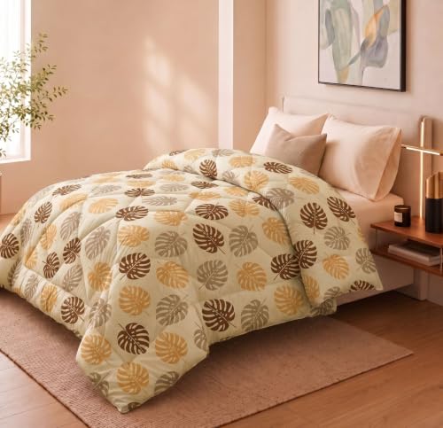 Image of HOMEKART 220 GSM Reversible Microfiber AC Comforter /Duvets for Mild Winter | All Season Single Size 3 Layered Quilted Blanket for Single Bed (230 cm x 150 cm,Beige Leaf)