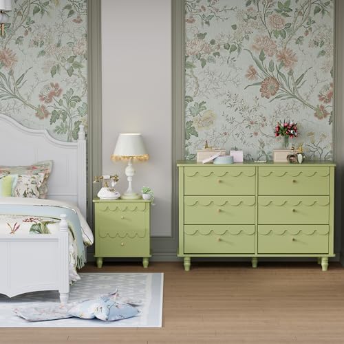 Image of Anbuy Nursery Chests and Dresser for Kids Bedroom Scalloped Wood 6 Drawer Dresser, Chests of Drawers with Metal Handles for Bedroom, Nursery, Hallway(Green)