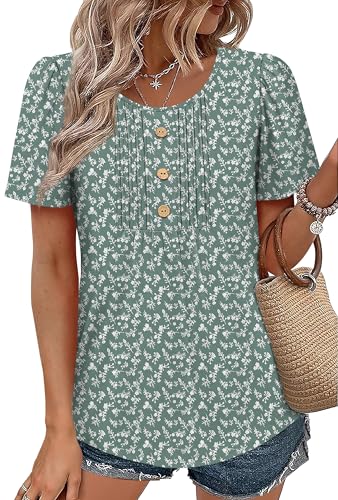 Image of Womens Tops Dressy Casual Blouses Short Sleeve Shirts Plus Size Fashion Clothing Spring Summer Outfits Button Pleated Front
