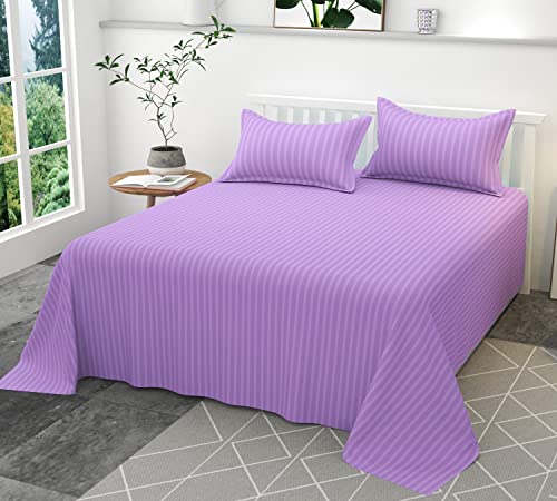 Image of 300 TC Glace Cotton Plain Stripe Queen Size Single Bedsheet with 1 Pillow Cover for Home, Hotel, Guest Room (60 X 90) Inch Lavendar Pack 1