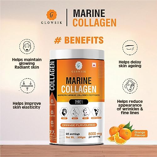 Image of Glowsik Korean Marine Collagen Powder | Marine Collagen Supplements for Women and Men | Skin Radiance Collagen.. (200 gms, orange.)