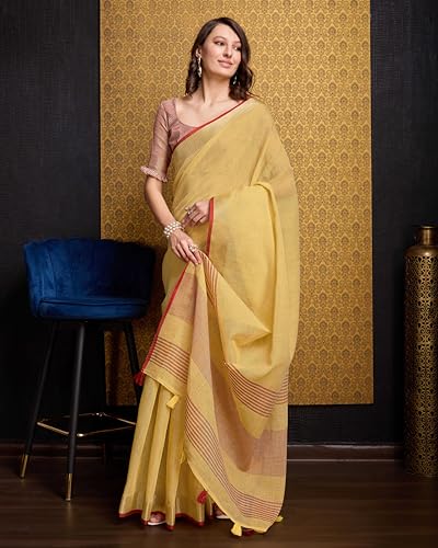 Image of SWORNOF Women's Linen Cotton Silk Saree with Unstitched Blouse Piece | Saree for Women | Saree with Blouse Piece | Soft and Skin Friendly