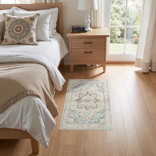 Tortania Area Rug 2x3 Doormat - Washable Vintage Oriental Farmhouse Soft Thin Indoor Carpet for Living Room Bedroom Hallway Entryway Kitchen - Aqua Multi