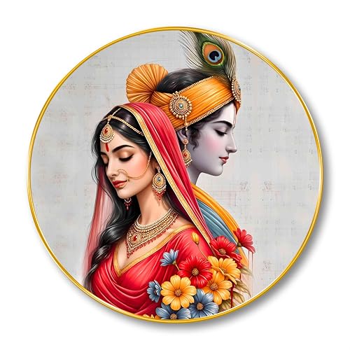 Image of SAF Radha Krishna Divine Couple Wall Painting - Traditional Spiritual Artwork in Round Golden Frame | Eternal Love & Harmony Decor for Living Room, Bedroom, Pooja Room & Office (20 X 20 Inch) GRL-294