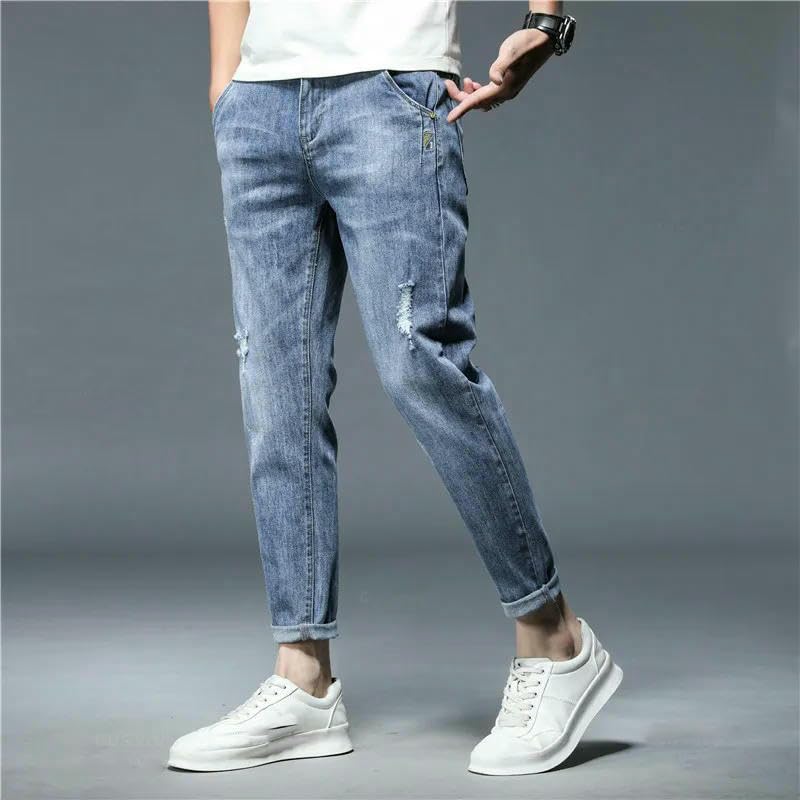 Spring Autumn Stretch Cotton Hole Men's Ankle Length Jeans Streetwear Denim Pants Korean Casual Trousers Male3