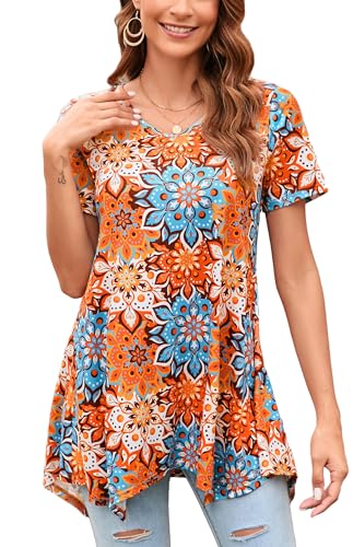 Enmain Camiseta Mujer Manga Corta Top Túnica Larga Cuello de Pico Blusa Elegante y Cómoda Talla Grande Tops Estampadas T Shirt para Mujeres,Naranja,XL
