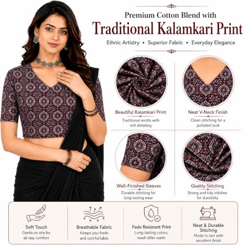 Image of Mogsa Women's Kalamkari Print Cotton Stretchable V-Neck Readymade Saree Blouse | Soft Cotton Blend | Stretch Fabric | Ready-to-Wear