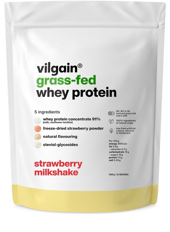 Vilgain Grass-Fed Whey Protein Pulver (1000 g) Strawberry Milkshake – Eiweißpulver aus Weidemilch, Natürlich Gesüßt mit Stevia, Ohne Zuckerzusatz, Glutenfrei, WPC Konzentrat für Muskelaufbau