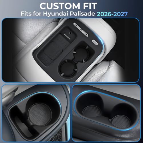 Image of 1st & 2nd & 3rd Row Cup Holder Inserts & Wireless Charging Protective Mat for Hyundai Palisade 2027 2026, Interior Accessories Center Console Cup Holders Covers Protector, Black