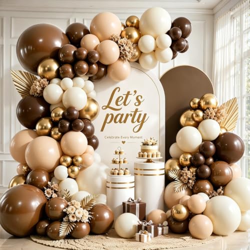 Image of Brown Balloons Garland Arch Kit, Gold,Neutral Brown,Sand White,144 pcs | Coffee Balloons for Birthday Bear themed Baby Shower Wedding Party Decorations