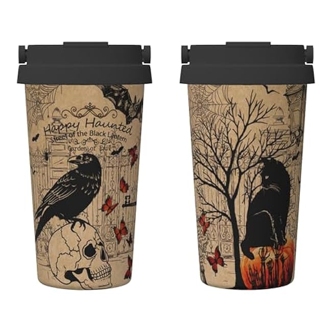 bassyil Halloween Vintage 17oz Insulated Coffee Mug with Flip Lid Handle Witch Spooky Themed Stainless Steel Insulated Travel Tumbler Spill Proof Halloween Cup Gift for Women Men Adults