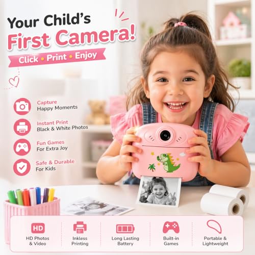 Image of Casaquin Kids Instant Print Camera - 1080P HD Digital Video Camera with Built-in Thermal Printer, Mini Games | Birthday Gift for Boys & Girls Ages 3-12 (2 Paper Rolls Included, Random Color)