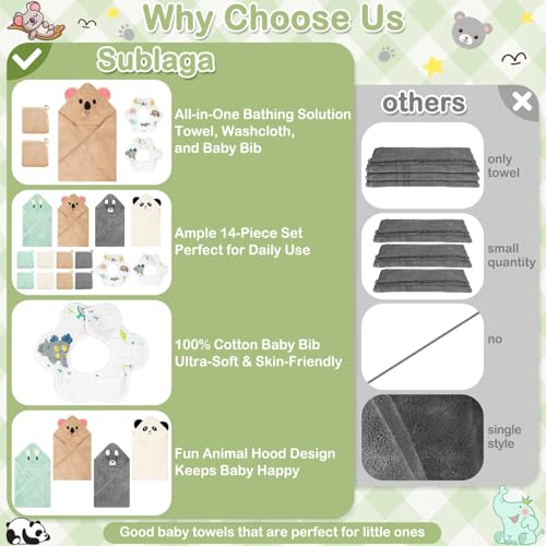 Image of 14 Pcs Baby Towels Washcloths and Baby Bibs Set, 4 Pcs 32x32 Hooded Bath Towel, 8 Pcs Baby Washcloths and 2 Pcs Cotton Baby Bibs for Newborns, Toddlers and Kids, Soft Baby Towel Set for Boys and Girls