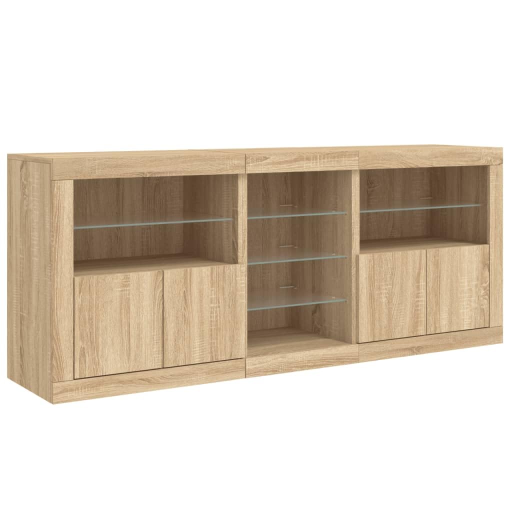 Modernes Sideboard mit LED-Lichtern, RGB, Sonoma-Eiche, 162 x 37 x 67 cm, 3 Stück, robustes Holz, viel Stauraum, praktische Türen, Displayfunktion,