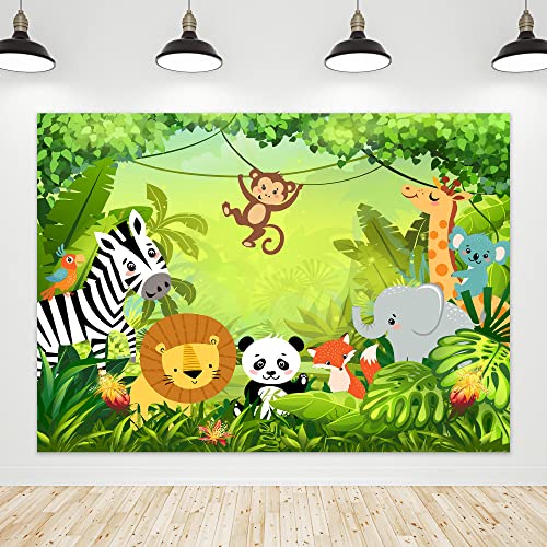 Riyidecor Jungle Safari Animal Backdrop Polyester Fabric Green Animation Kids Panda Lion 7Wx5H Feet Cute Wildlife Zoo Zebra Photography Background Birthday Baby Shower Photo Studio Shoot