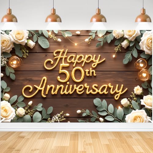 Happy 50th Anniversary Decorations Banner 50th Wedding Anniversary Party Decoration Floral Backdrop Celebration Golden Wedding Birthday Party Supplies Decor Photography Background for Men Women