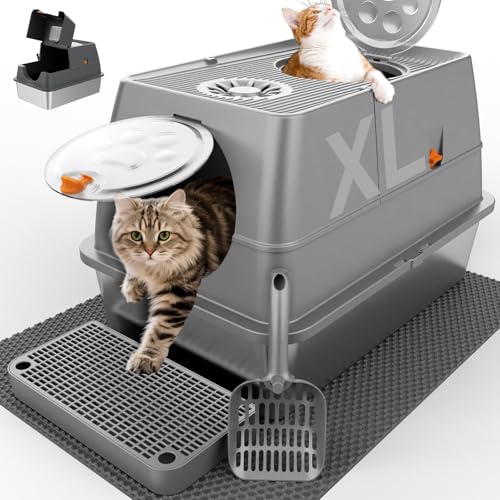 Stainless Steel Litter Box with Lid XL Extra Large Litter Box Enclosed Top Entry Metal Litterbox for Big Cats Easy Cleaning Anti-Leakage & High Sided with Mat Aisle & Scoop Dark Grey