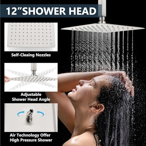 Image of Aolemi Ceiling Shower Faucet Set System Dual Head 12&6 Inch Brushed Nickel