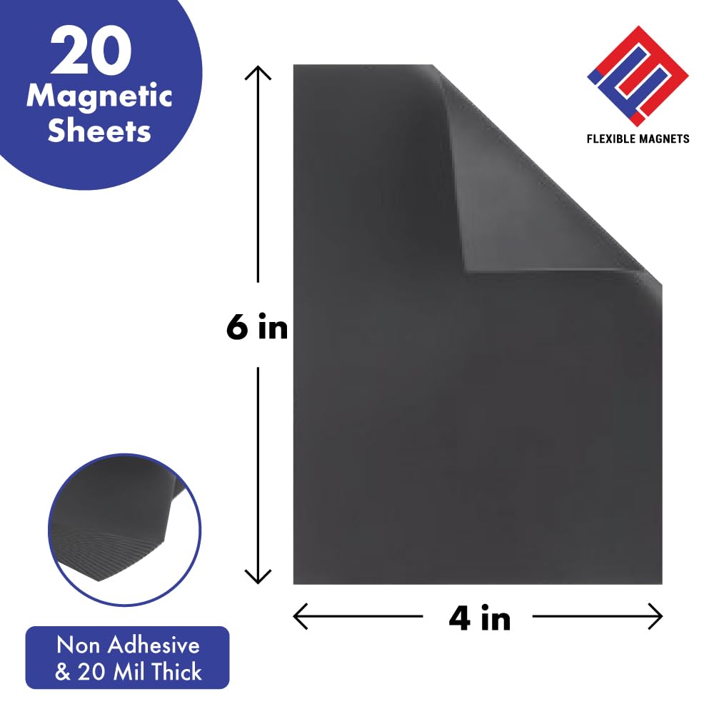 Flexible Magnets 20 - Pack Magnetic Sheets 4x6 in, Non-Adhesive Magnetic Sheets for Die Cuts, Crafts, Art, and Refrigerator Use (20 mil)