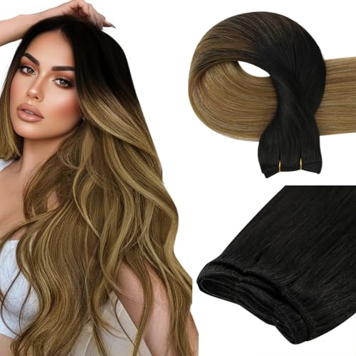 Image of Easyouth Weft Hair Extensions, Sew in Hair Extensions, 16 Inch 100G, Ombre Balayage, Black To Light Brown Mix Blonde, Soft Weft Human Hair Extension