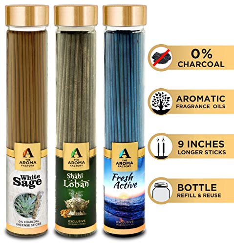 Image of The Aroma Factory White Sage,Loban & Fresh Active Agarbatti for Pooja,Luxury Incense Sticks,100% Herbal Fragrance Agarbathi (Bottle Pack of 3x100g)