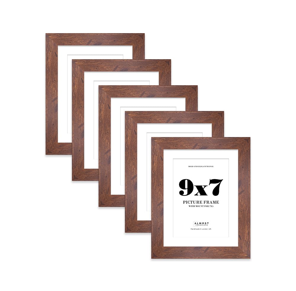 9x7 Rustic Wood Frame With Mount for 7x5 Pictures 28mm Edge Portrait and Landscape Display with Wall Hooks and Kickstand, 5 Pack