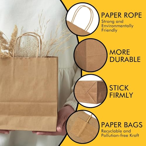 Image of RanGit Bhumi Kraft Paper Bags with Handles 9 inchx12 inchx4 inch 100pcs -Medium, Brown Paper Carry Bags for Shopping, Retail Merchandise, Party Favor Goodie Return Gift Bag (9x4x12 in Brown, 100 pack)
