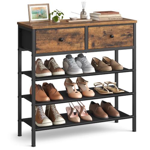 Image of VASAGLE Shoe Rack, 4 Tier Shoe Storage Rack with 2 Fabric Drawers, Shoe Organizer for Entryway, with 3 Fabric Shelves and Wooden Top, Steel Frame, Modern Basic, Rustic Brown ULBS235KD01