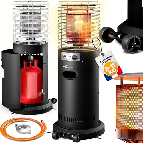 TRESKO Chauffage de terrasse à gaz 11kW + roulettes, pour bouteilles 5 & 11kg | Chauffage extérieur puissant pour terrasse, balcon, jardin, camping | Parasol chauffant avec tuyau et détendeur (Noir)