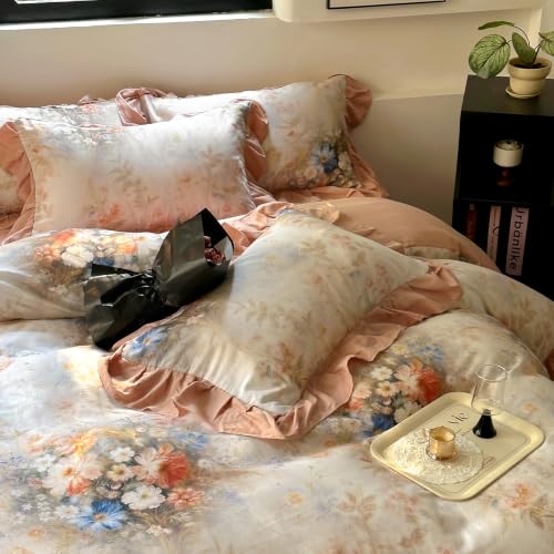 Image of VM VOUGEMARKET Romantic Ruffle Floral Duvet Cover Set Twin,Ultra Soft Double Layer Cotton Plush Pink Bedding Set,Vintage Cottagecore Aesthetic Botanical Comforter Cover for Teen Girls