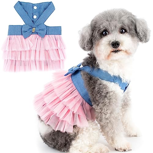 ZUNEA 犬服 春夏 女の子 デニム ワンピース 小型犬 おしゃれ かわいい キャミ レース ドレス スカート 可愛い お姫様 蝶結び付き ボーダー柄 ペットドッグウェア 洋服 人気 ティアード ワンピース 通気性 犬猫服 子犬 チワワ 服 誕生日 パー