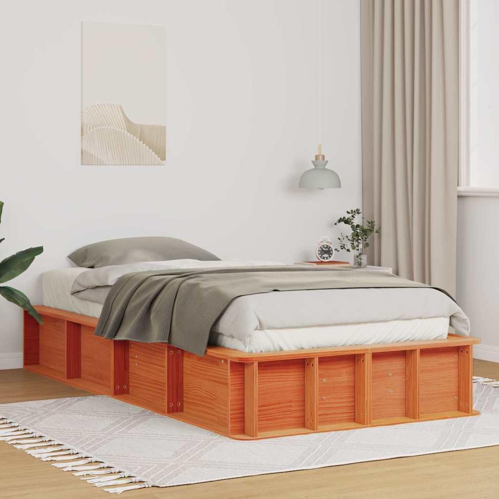 Marco de cama marrón cera, 100 x 200 cm, madera de pino maciza, estructura individual con somier, robusta cama de plataforma para adultos y jóvenes, muebles de dormitorio duraderos