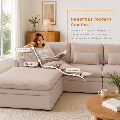 Image of WJShome Modular Sectional Sofa, Deep Seat V-Shaped Cloud Couch with Water-Resistant & Stain-Resistant Fabric, Removable Washable Covers,Modern Sleeper Sofa for Living Room, Apartment, Khaki